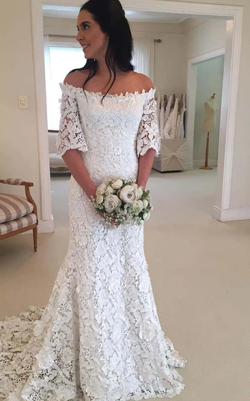 Vintage Bohemian Off The Shoulder Half Long Sleeves Lace Bridal Gown