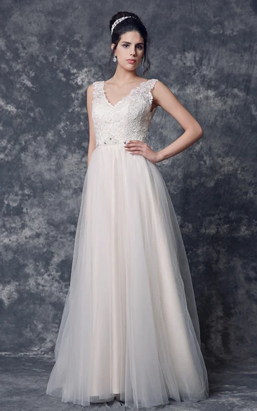 Sleeveless V Neck A-line Tulle Gown With Lace Bodice and Beaded Detailing