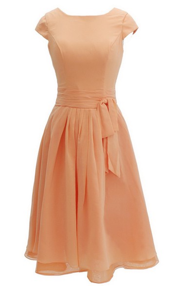 Cap-sleeved Knee-length Chiffon Dress With Ribbon - June Bridals