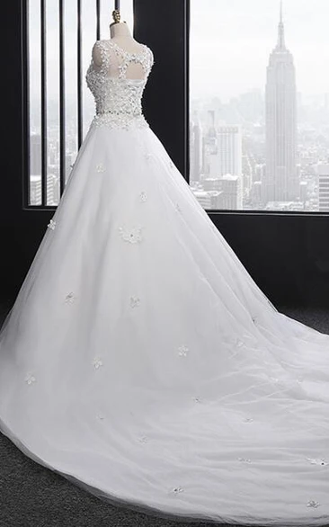 Scoop Neck Long A-line Tulle Wedding Dress With Ruffles And Appliques