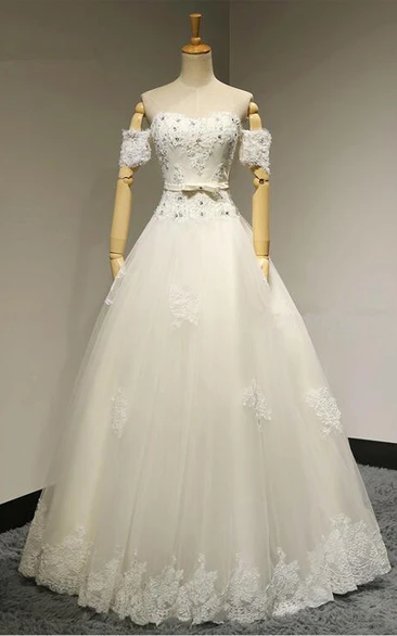 Off-the-shoulder A-line Long Wedding Dress With Beading And Appliques