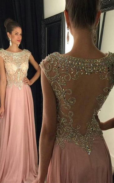 Stunning Scoop Beadings Crystal Evening Dress Sleeveless Long Chiffon Party Gown