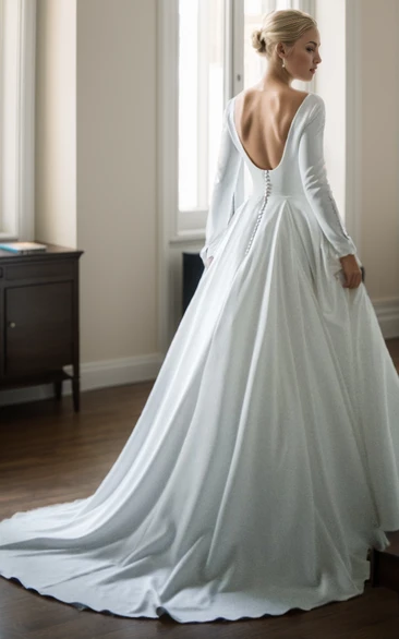 Modest Western A-Line Long Sleeve Wedding Dress Simple Modern Solid Low Back Ball Gown with Court Train