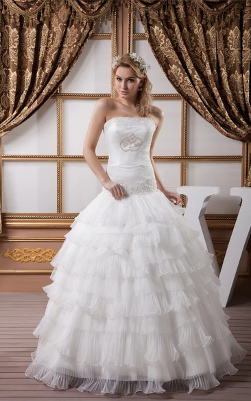 Strapless Ruched Ball Gown with Rhinestone and Appliques