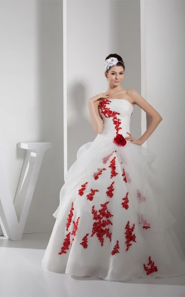 Two-Tone Strapless Ruched Tulle Ball Gown with Flower and Appliques