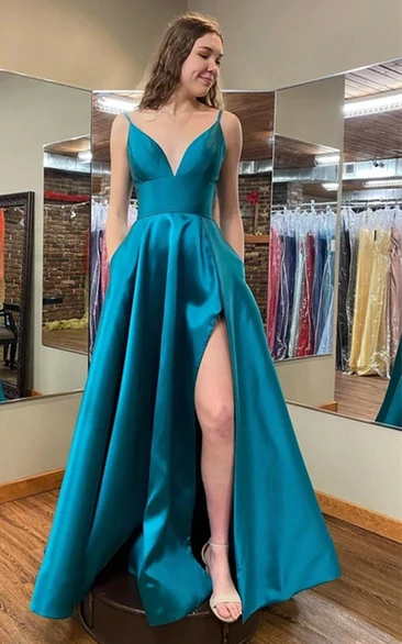 Casual A Line Satin Floor-length Sleeveless Prom Dress with Split Front