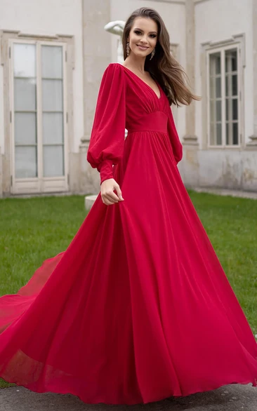Romantic A-Line V-neck Floor-length Chiffon Prom Dress