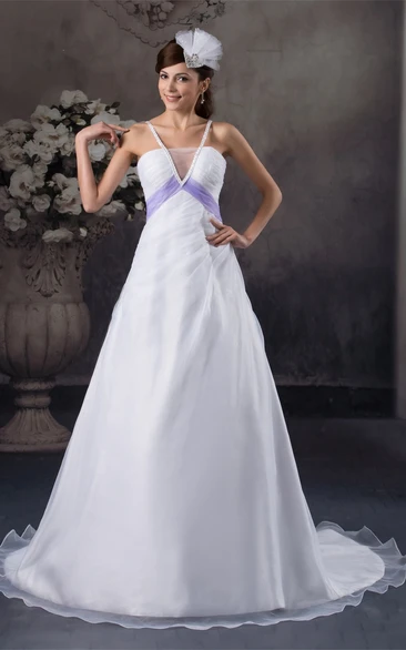 Sleeveless Ruched A-Line Gown with Beading and Court Train