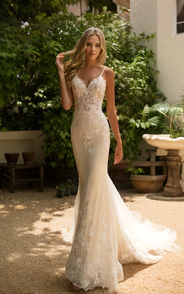 Lace v back wedding dress hotsell