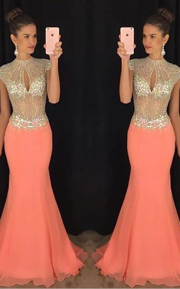 Stunning High-Neck Crystal Prom Dresses Mermaid Long Chiffon Party Gown