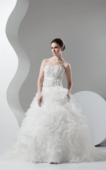 Strapless Ruffled Ball Gown with Flower and Appliques