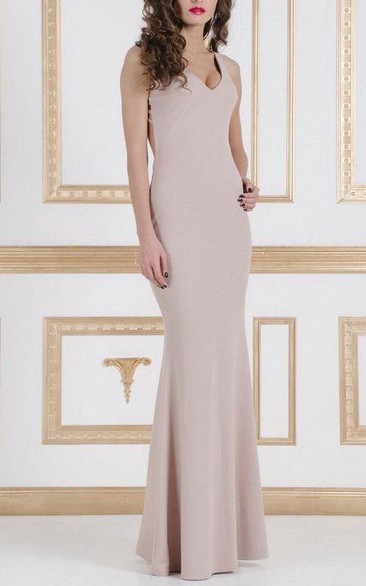 Long Evening Beige Open Back Sexy Fitted Flared At The Bottom Dress