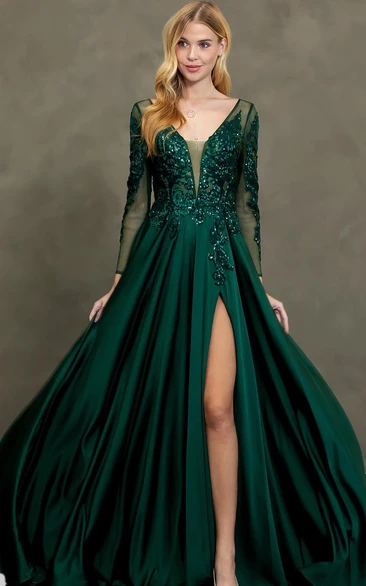 Sexy Country Plunging Neckline A-Line Satin Prom Dress With Illusion Long Sleeves