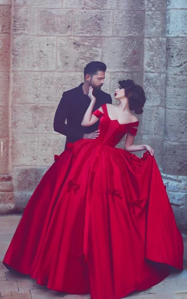 Newest Red Bowknot Ball Gown Evening Dress Off-the-shoulder Floor-length