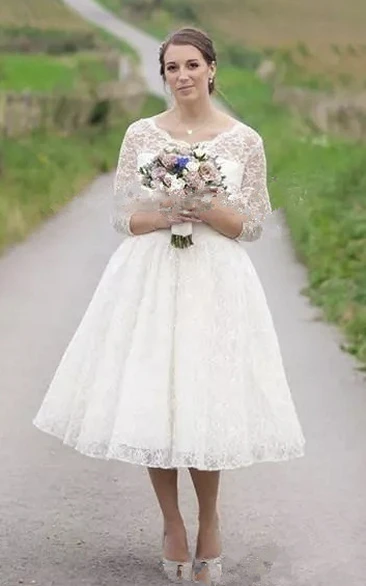 Tea-length Vintage Wedding Dress With 3/4 Illusion Lace Sleeve And Buttons