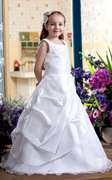 Square-Neck Appliqued Pick-Up Flower Girl Dress With Corset Back