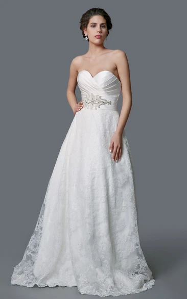 Impressive Ruched Satin and Lace Ball Gown With Belt