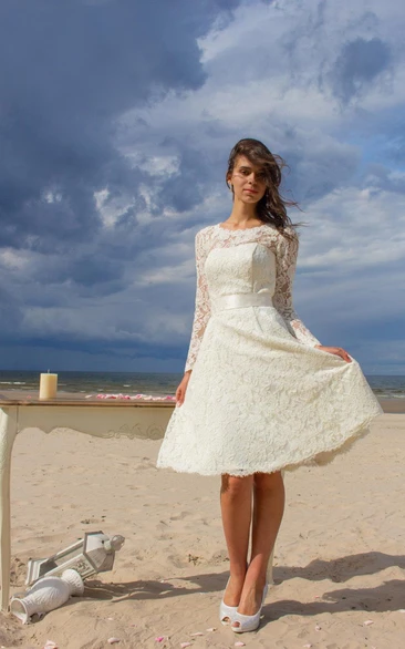Jewel Neck Long Sleeve Lace Short Wedding Dress With Satin Sash
