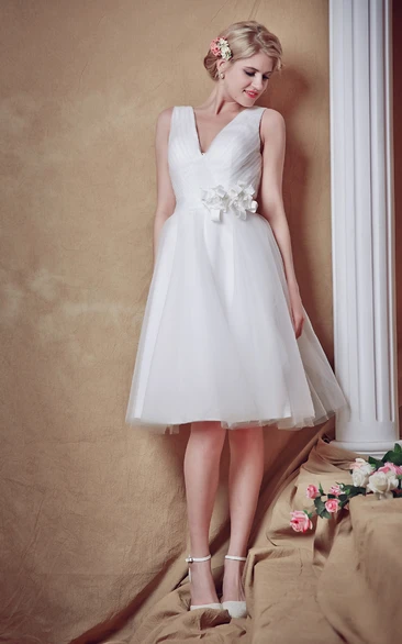 Sweet V-neck Tulle Gown With Ruched Waist and Satin Belt
