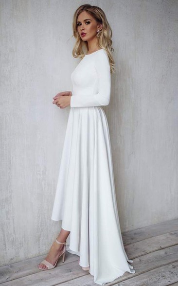 Modest Simple Long Sleeves A-Line Satin Wedding Dress Chic Casual High-Low Bateau Bridal Gown with Open Back