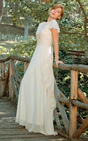 Bateau Poet-Sleeve Chiffon Lace Wedding Dress With Deep-V Back And Draping