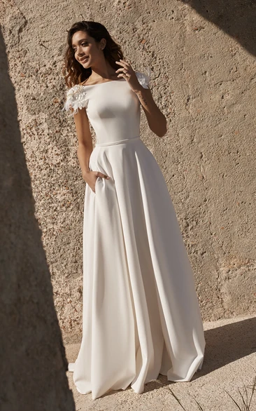 Short Bell Sleeve Satin Wedding Dresses with Pockets VW1840 – Viniodress
