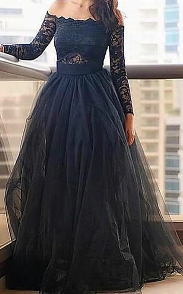 Modern Off-the-shoulder Black Prom Dress With Lace Long Sleeve