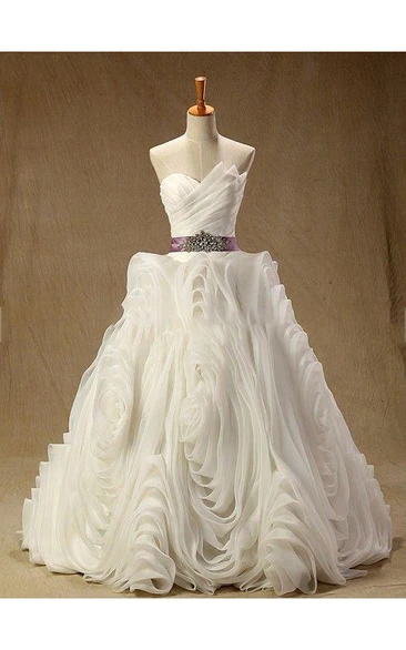 Strapless Lace-Up Back Long Chiffon Wedding Dress With Sash And Ruffles