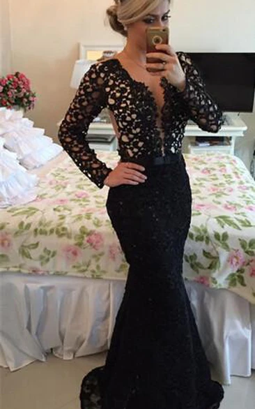 Newest V-neck Black Lace Mermaid Prom Dress Long Sleeve