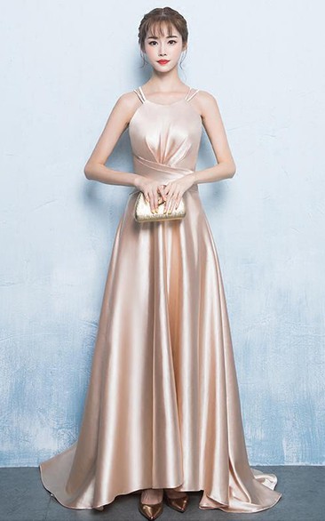 Modern A Line Satin Halter Sleeveless Prom Dress with Criss Cross and Pleats