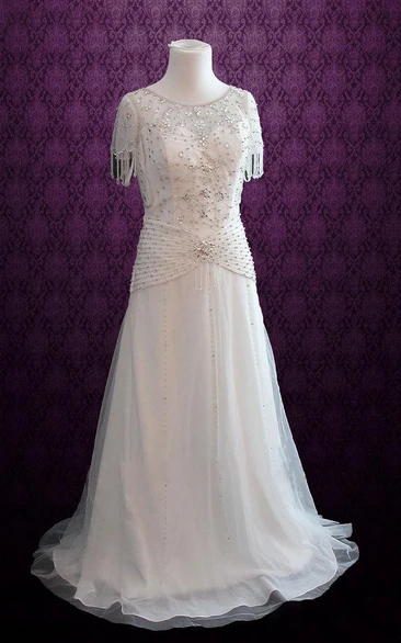 Jewel Dropped Waist Long Chiffon Wedding Dress With Crystal Detailing And Sash