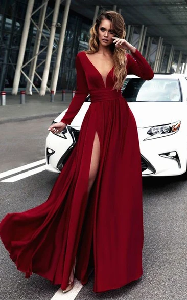 Spandex Sheath Plunging Neck Floor Length Dress with Front Split