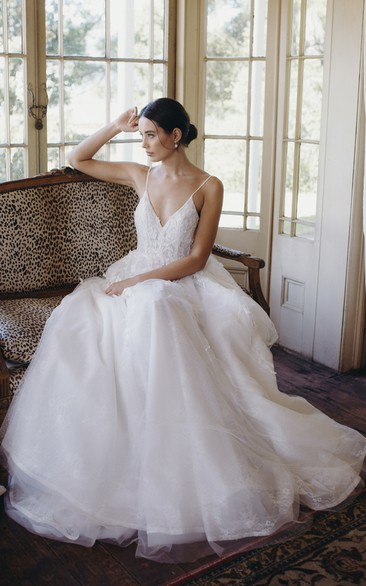 Tulle Backless Ethereal Spaghetti Straps Plunging V-neck Bridal Ballgown With Lace Appliques