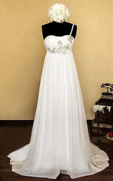 One-Shoulder Empire Lace-Up Back Chiffon Wedding Dress With Beading And Flower