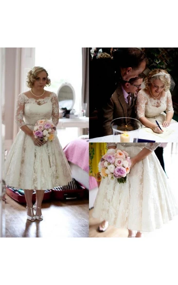 Plus Size Lace Scoop Illusion Half Long Sleeve Tea Length Wedding Dress