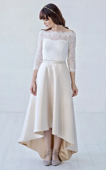 3/4 Illusion Sleeve Off-the-shoulder High-low Lace And Satin With Button Back Wedding Dress