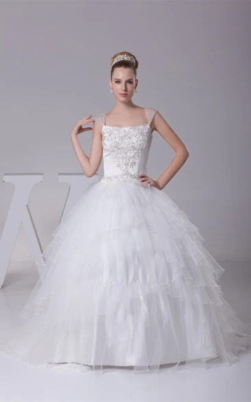 Strapped Tulle Ball Gown with Embroideries and Illusion