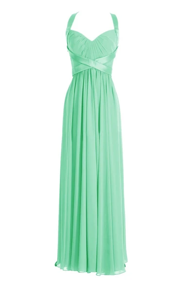 Halter Pleated Chiffon A-line Gown With Deep-v Back