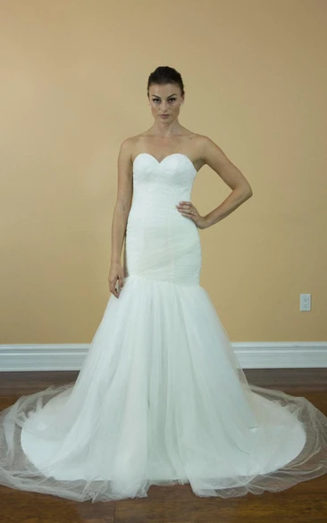 Simple Tulle Mermaid Wedding Dress With Ruching and Train