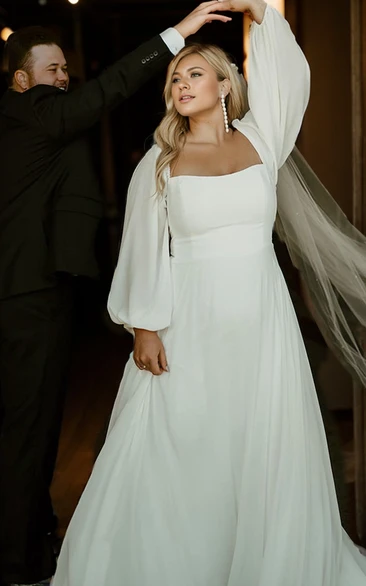 Modest Romantic A-Line Plus Size Wedding Dress with Sleeves Simple Casual Charming Low Cut Square Neck Chiffon Train Bridal Gown