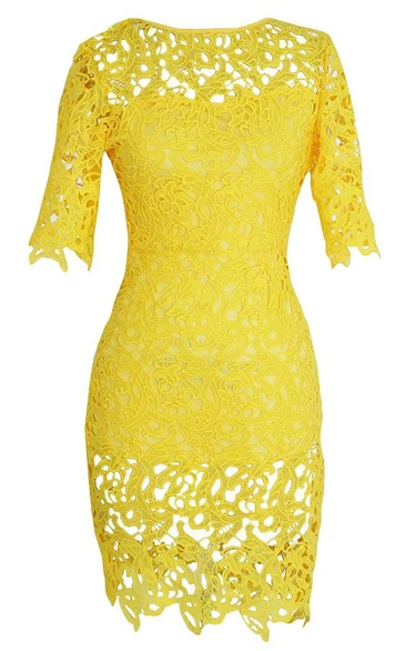 Half-sleeved Sheath Lace Dress With Bateau Neck