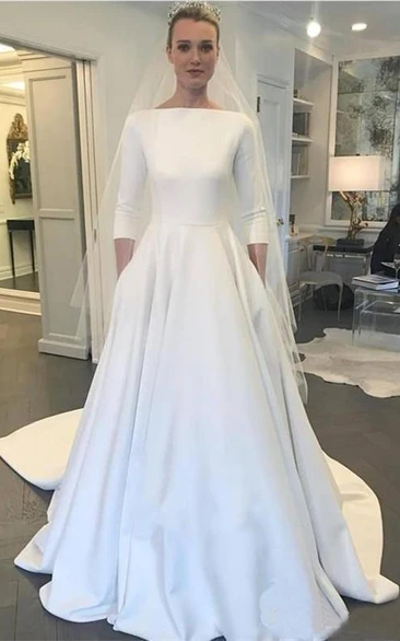 Modest Satin A-line 3/4 Sleeve Bridal Gown with Chapel Train