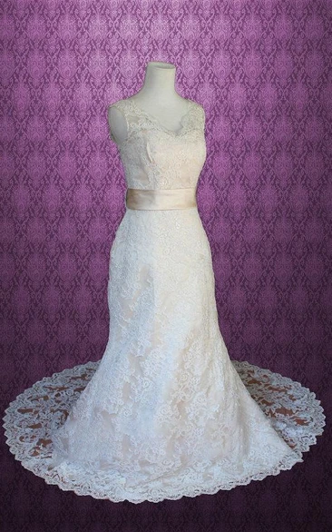 Scalloped Deep-V Back Sheath Long Lace Wedding Dress With Sash And Bow