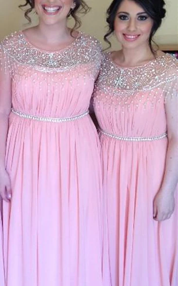 Elegant A-line Chiffon Pink Beadings Bridesmaid Dress Cap Sleeve