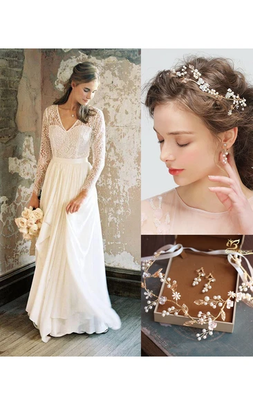 V-Neck Illusion Long Sleeve Dress and Exquisite Hand-flower Vine Pearl Hair With Ear Clip Set