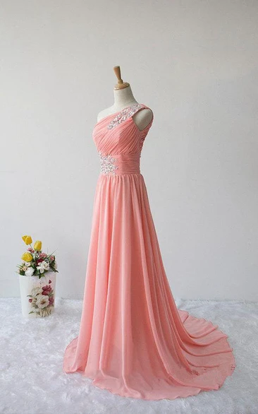 One-shoulder Long A-line Chiffon Dress With Appliques And Ruching 