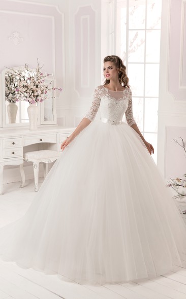 Ball Gown Lace&Tulle Long Sleeve Dress with Crystal Detailing
