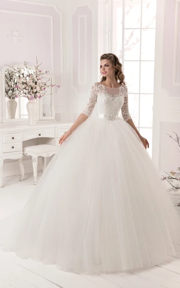 Long Square Beaded Cap-Sleeve Tulle Wedding Dress With Sweep Train And Corset  Back - June Bridals