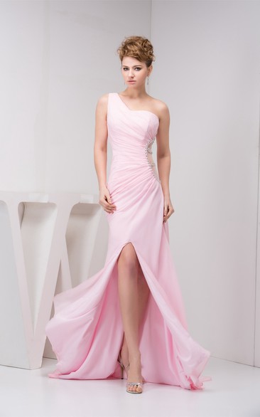 Blushing One-Shoulder Front-Split Dress with Keyhole and Brush Train