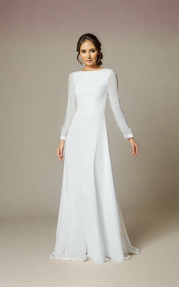 Simple A-Line Jewel Chiffon Wedding Dress with Illusion Long Sleeves